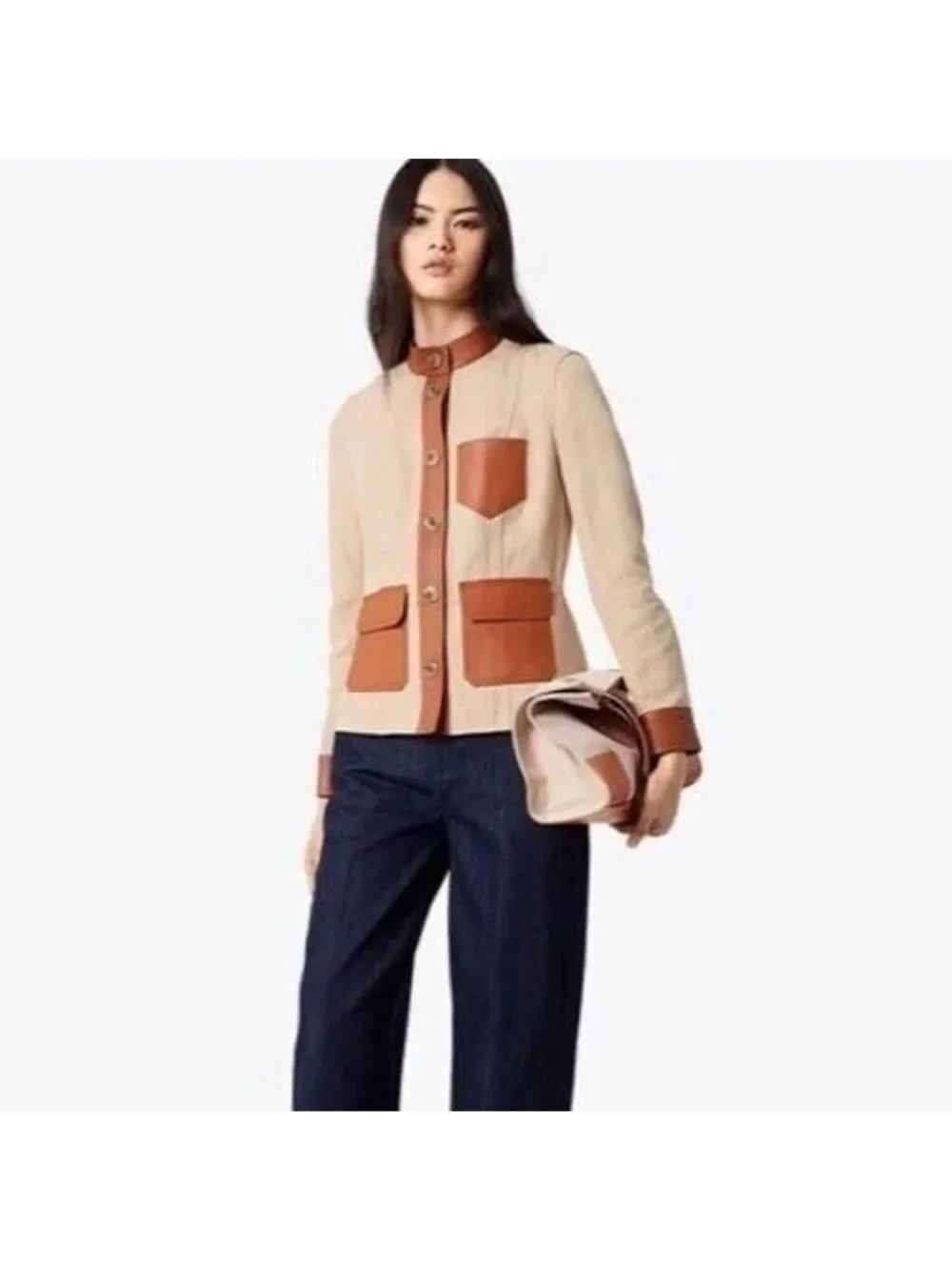 TORY BURCH Camden Linen Cotton Leather Safari Jacket Sz 2 $595 NWT